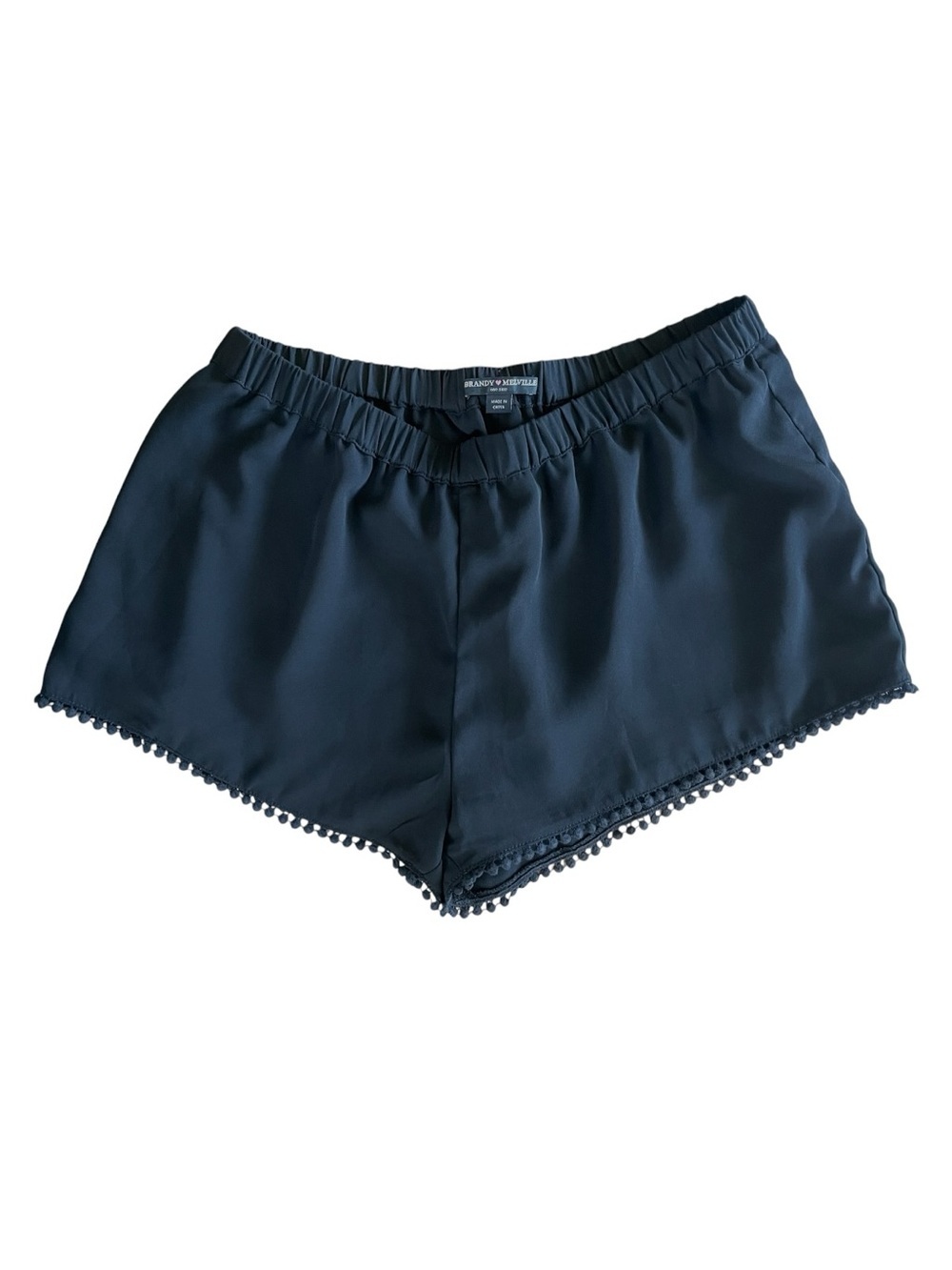 Brandy Melville Black Flowy Pom Pom Trim Shorts One Size Elastic Waist Boho